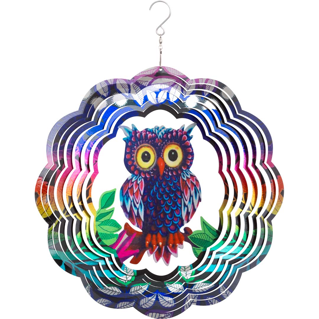 METAL HANGING WIND SPINNER: 3D FLASHY OWL